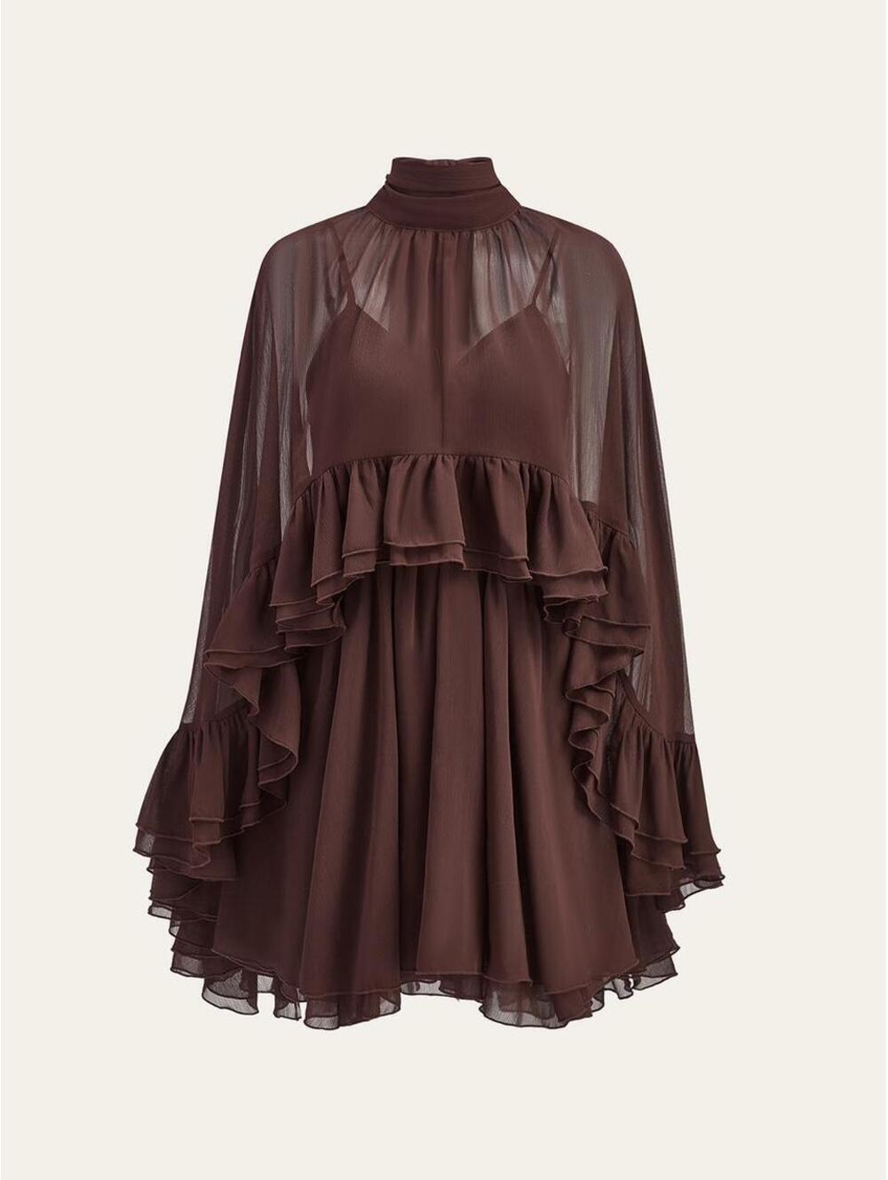 Commense Semi-Sheer Chiffon Ruffle Dress With Outer Cape